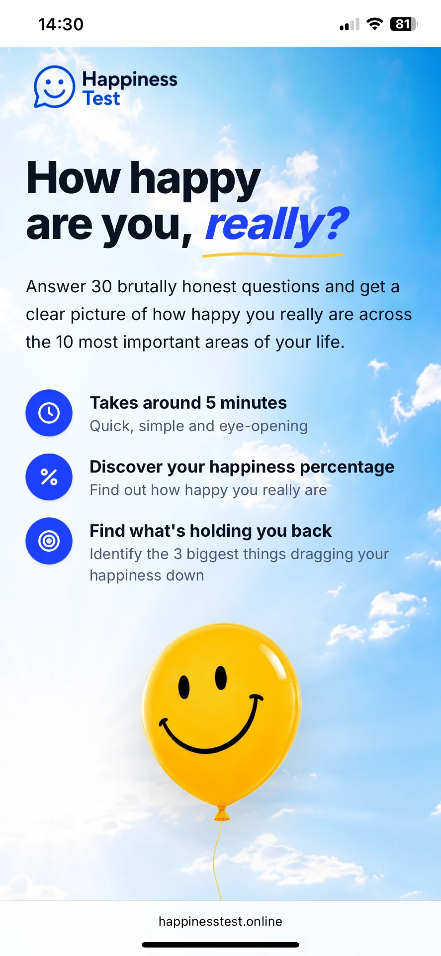 The Happiness Test app screen